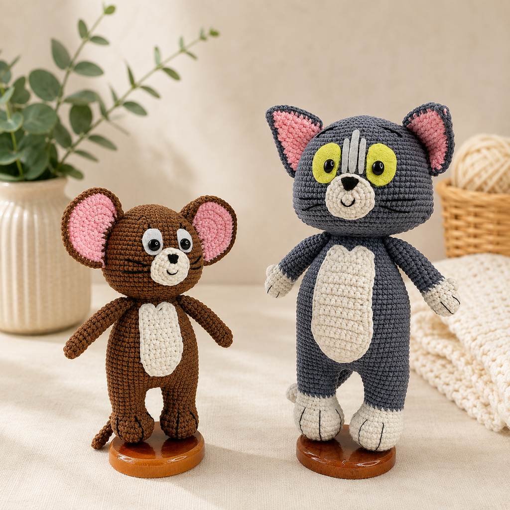 Crochet Cat and Mouse Set – Handmade Amigurumi Animals, Cute Crochet Doll Duo, Handmade Gift & Home Décor